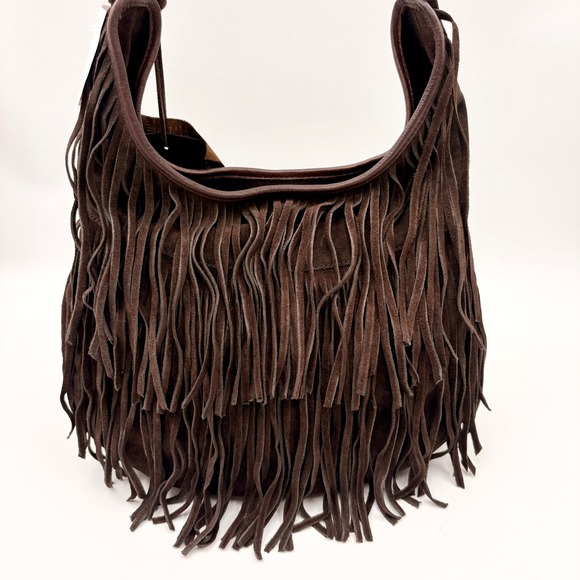Vilenca Holland Handbags - Vilenca Holland Brown Suede Fringe Hobo Leather Trim Boho Western Shoulder Bag